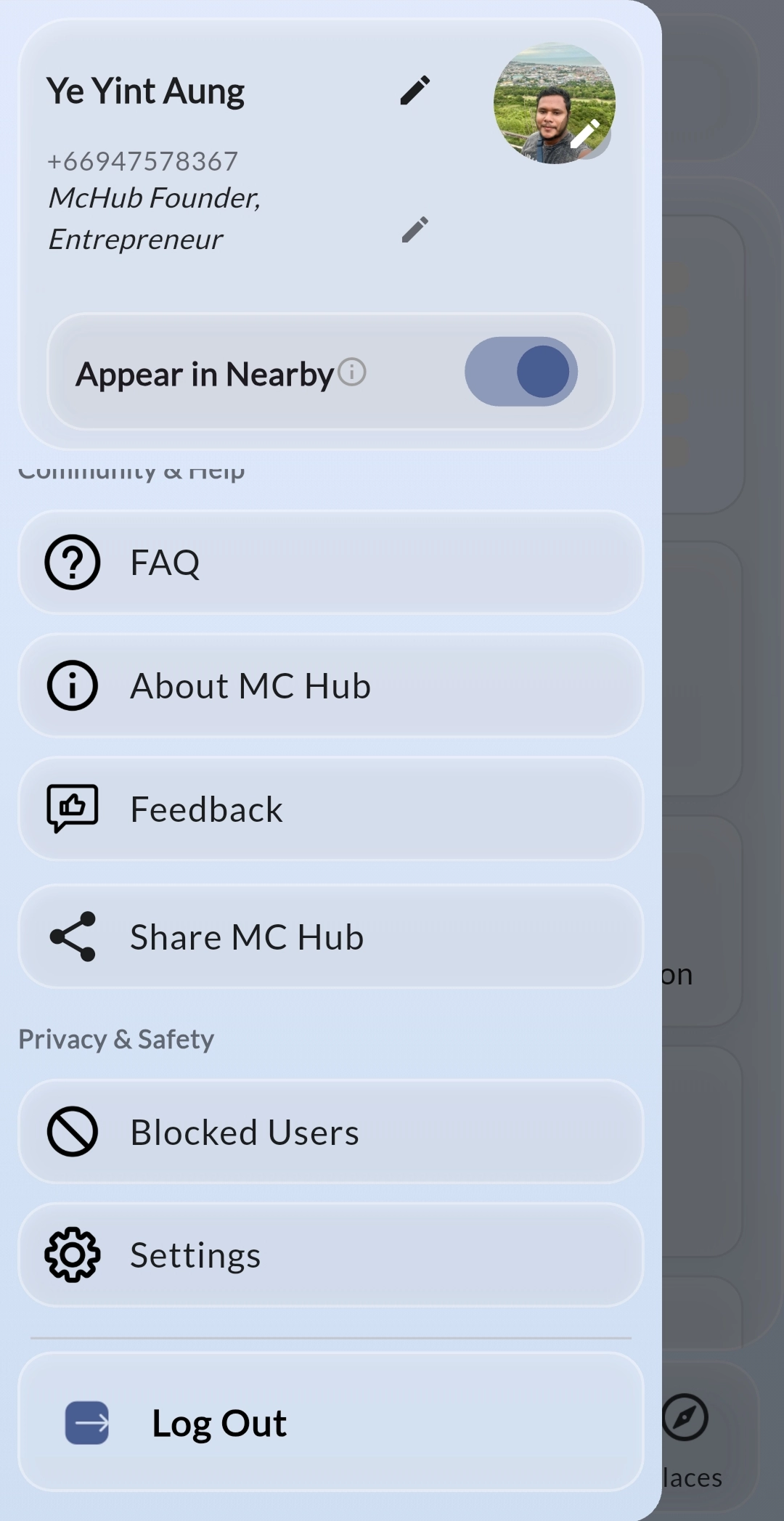 MC Hub profile drawer and privacy switch
