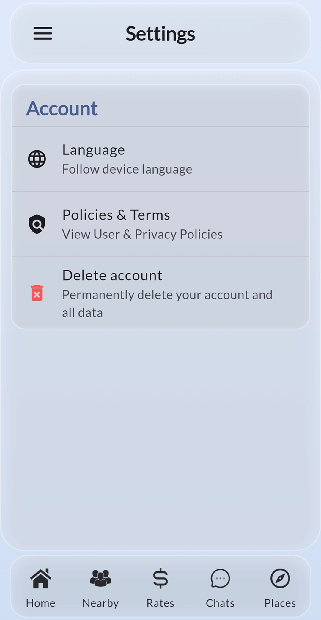 MC Hub settings screen
